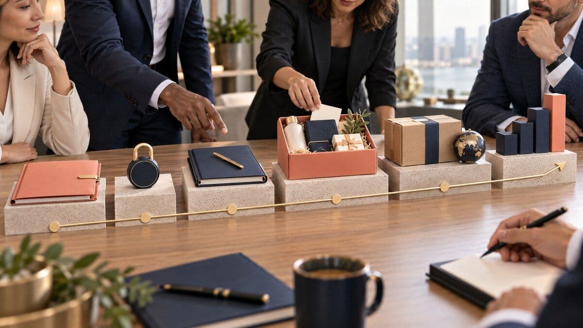 Corporate gifting leaders review six stages of program maturity represented by policy, privacy, finance, curated gifts, delivery, and measurement objects