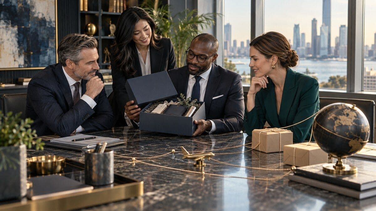 Professional-services leaders reviewing an unbranded corporate gift and global fulfillment plan