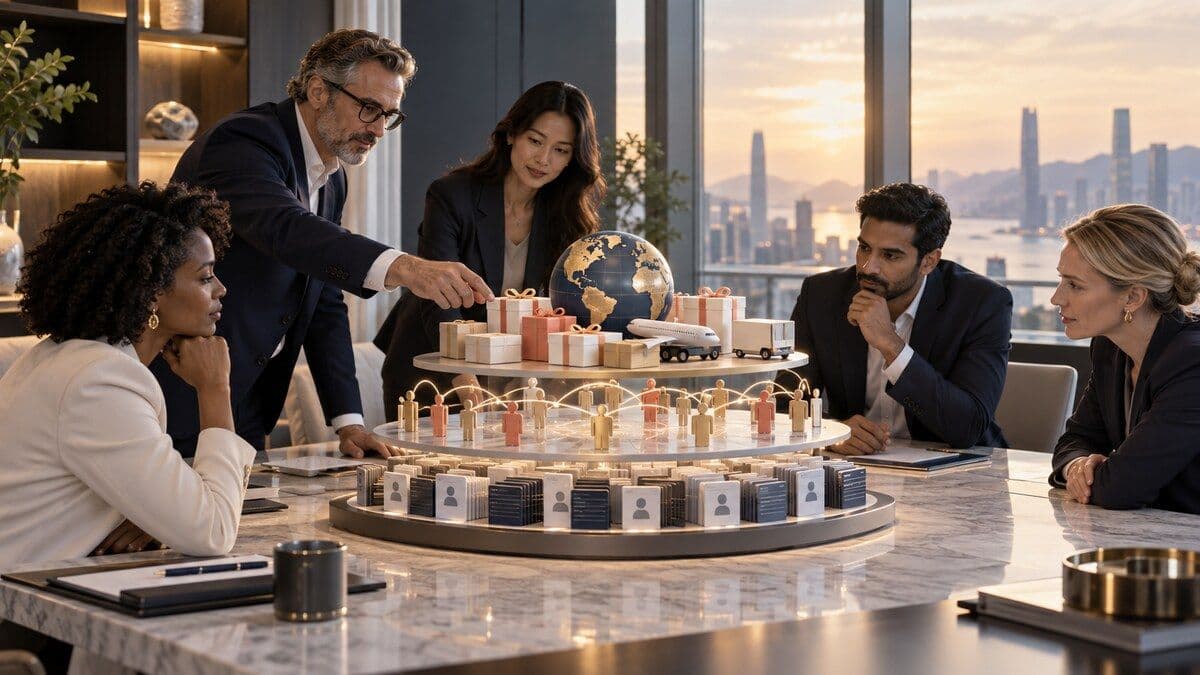 Enterprise HR, architecture, payroll, and procurement leaders reviewing a three-layer employee rewards operating model