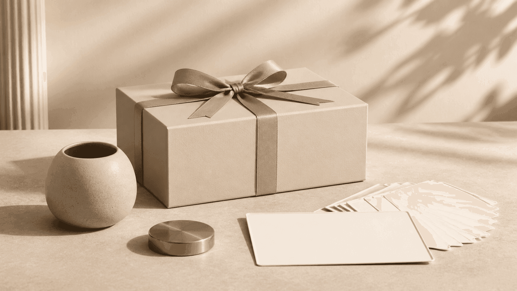 An unbranded premium gift box, blank fulfillment cards, and a brass token arranged on a warm neutral desk