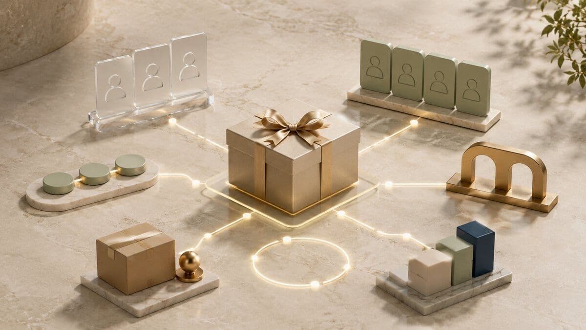 A premium unbranded gift box connected to abstract CRM, HRIS, approval, fulfillment, recovery, and reporting objects
