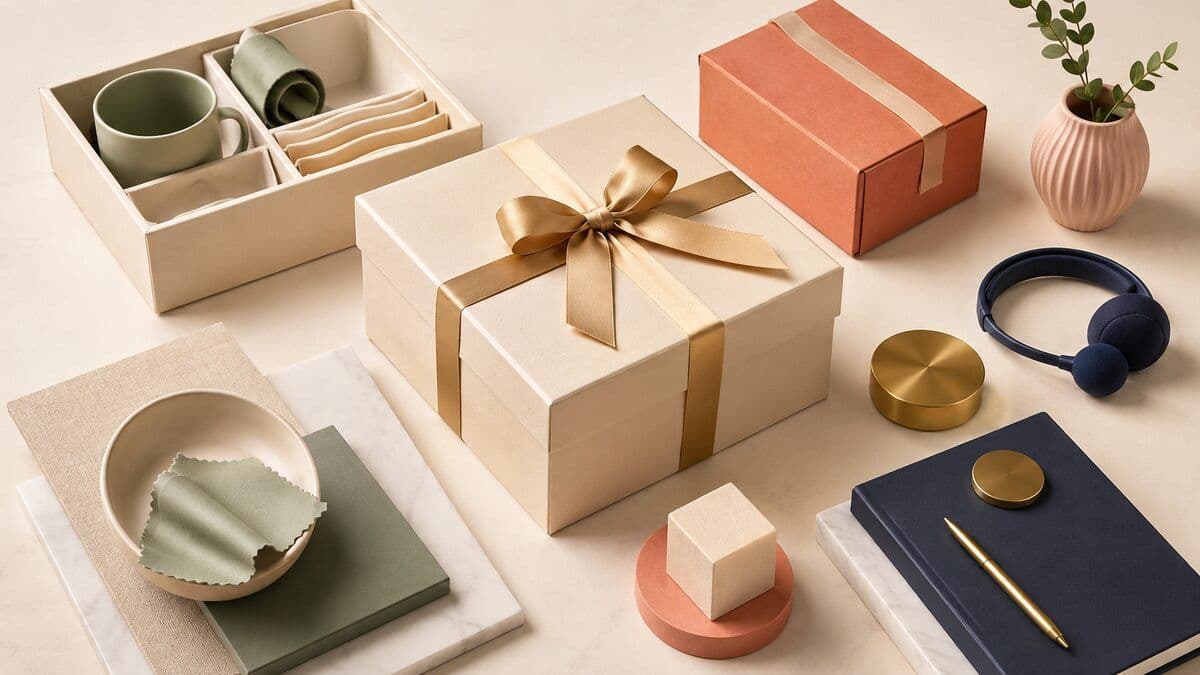 A premium unbranded gift box surrounded by curated items and blank planning materials representing corporate gifting total cost of ownership