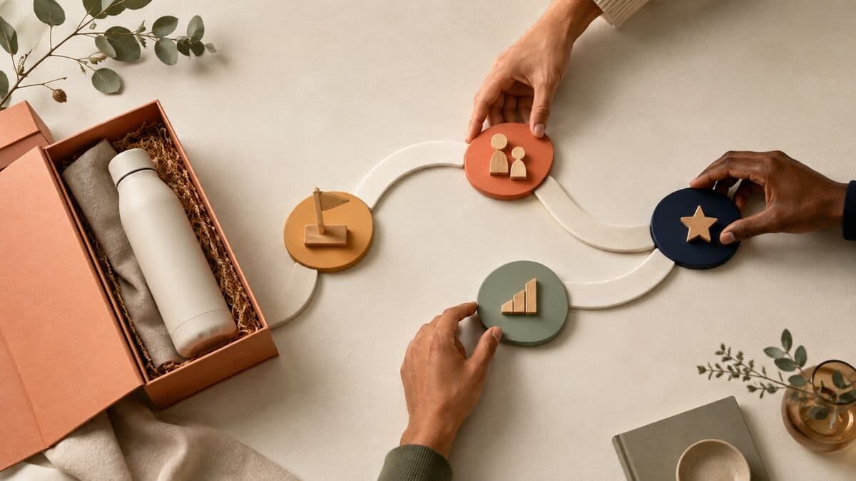 Premium customer onboarding gift box connected to lifecycle milestones arranged collaboratively by customer success professionals