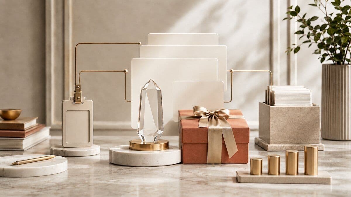 A crystal recognition award, premium gift box, blank HR data cards, identity badge, payroll file, and four rollout markers connected on a warm neutral desk