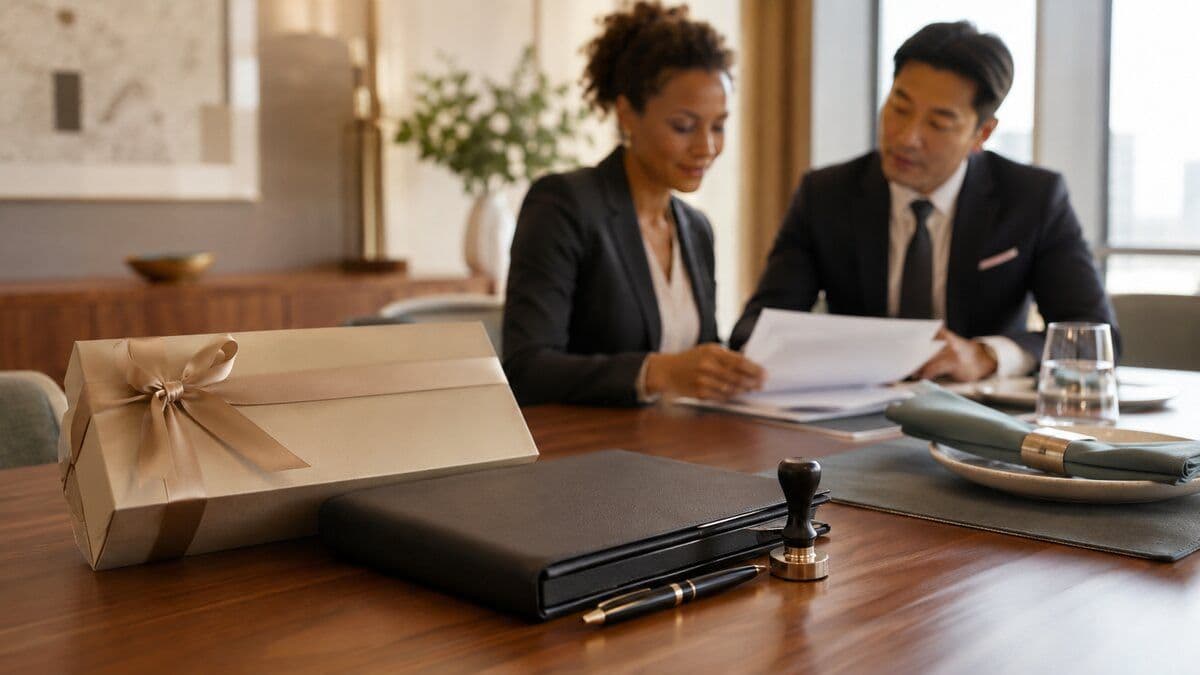 Corporate compliance team reviewing a gift and hospitality policy beside an unbranded gift box