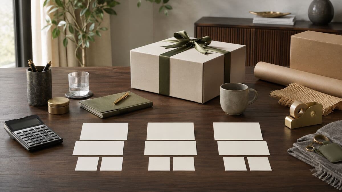 A refined corporate gifting budget-planning desk with a gift box, calculator, shipping materials, and three blank scenario groups