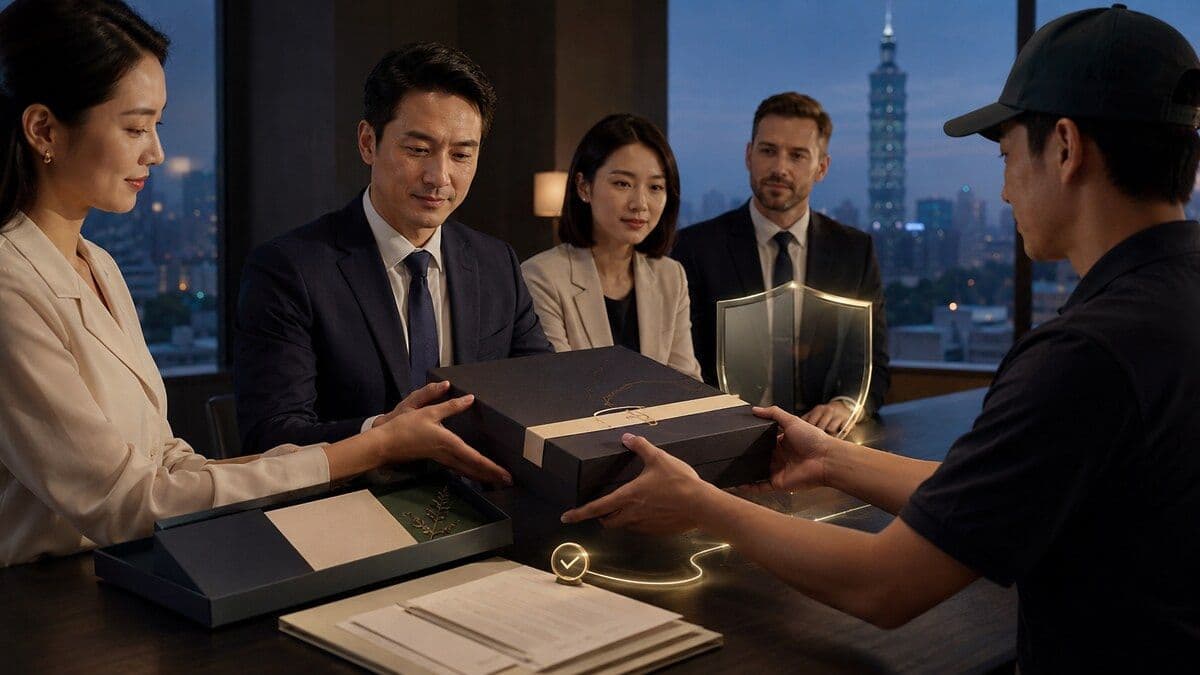 Taiwan corporate operations team reviewing an approved gift handoff with privacy, tax, customs, and delivery controls