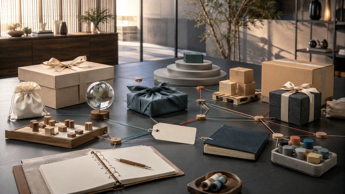 A premium global corporate gifting operations table connecting strategy, gifts, fulfillment, governance, and measurement