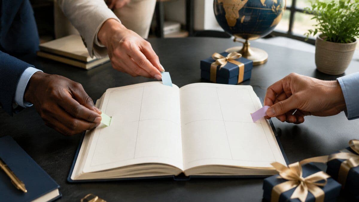 Diverse colleagues place planning tabs in a blank global recognition calendar beside gift boxes and a globe