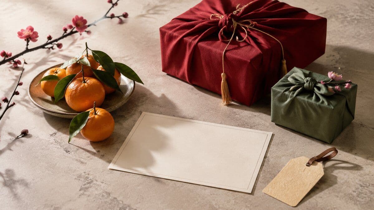 Elegant Lunar New Year corporate gifts with mandarins, plum blossoms, and a blank planning card