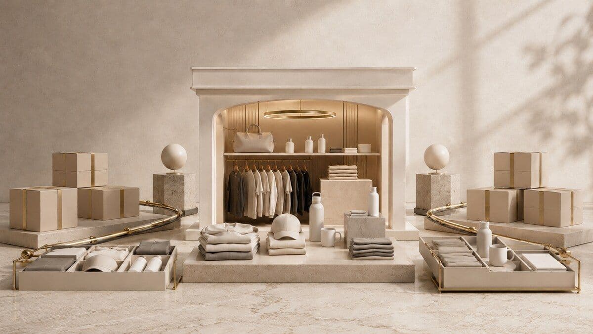 A modular global company store represented by premium unbranded merchandise, regional parcels, and organized inventory trays on a warm neutral studio table