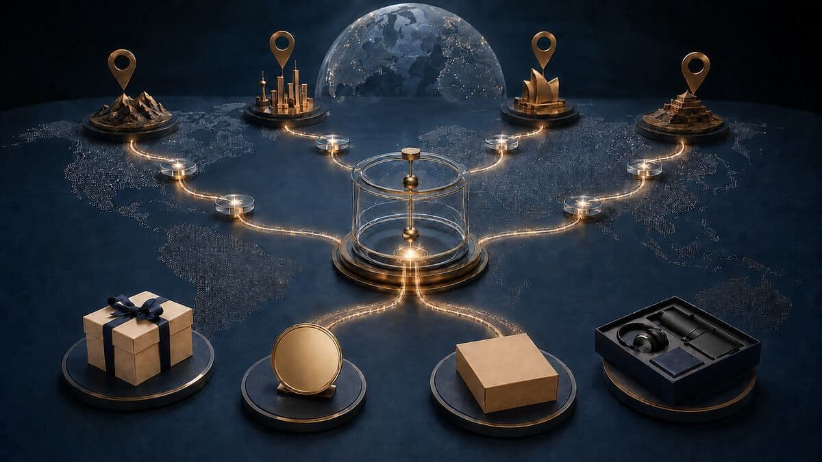 A premium global operations map connects governed sales-performance events to curated gift, merchandise, digital reward, and recipient-choice fulfillment paths