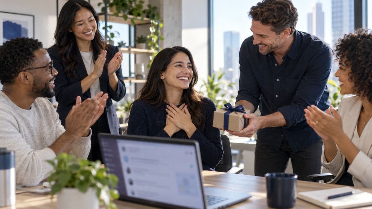 A global team celebrating employee recognition beside an abstract connected workflow