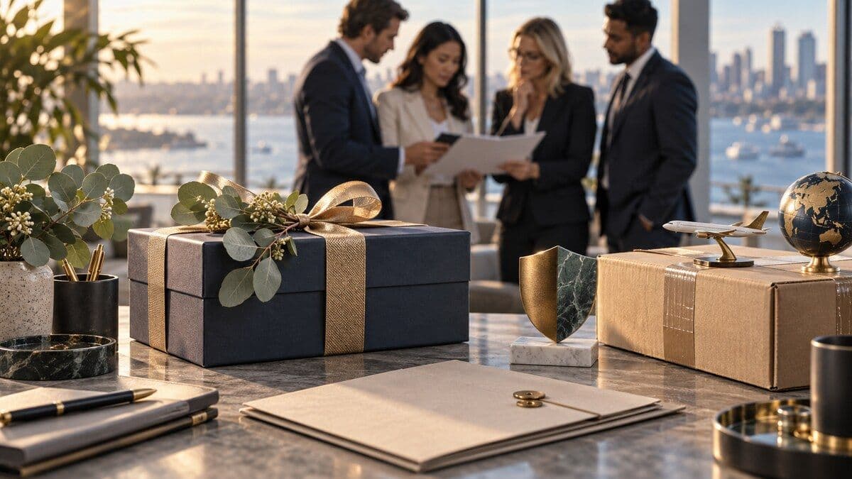 Premium Australian corporate gifting compliance scene with a wrapped gift, shipping parcel, privacy shield and office team