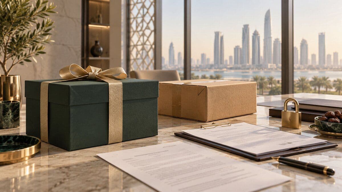 Corporate gift, shipping parcel, compliance documents, and secure data handling in a UAE business setting