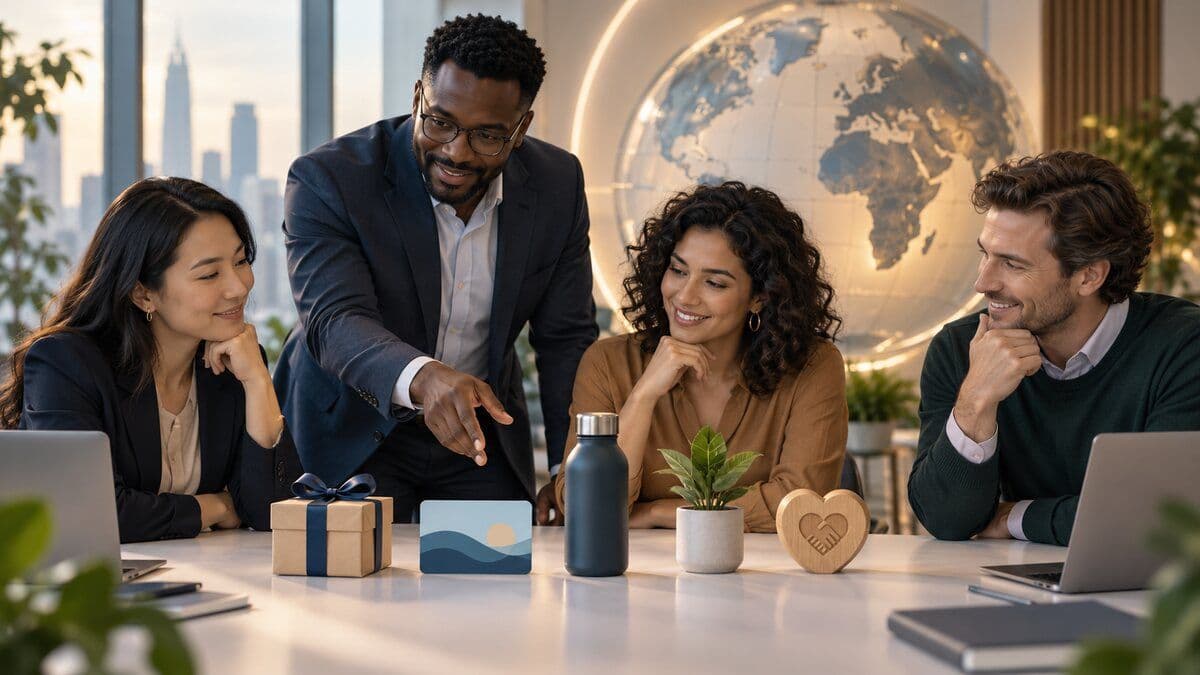 A global HR operations team comparing equal employee reward choices around an unbranded table