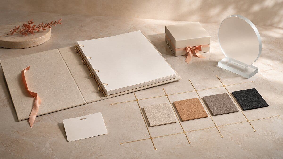 A blank enterprise RFP binder, brass scoring grid, regional material swatches, access card, premium gift box, and glass award arranged on a warm neutral desk