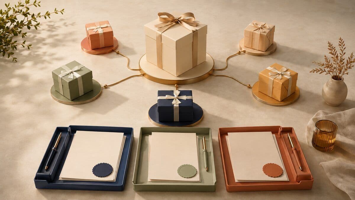 A central employee reward connected to regional gift boxes and blank compliance review trays for global tax planning