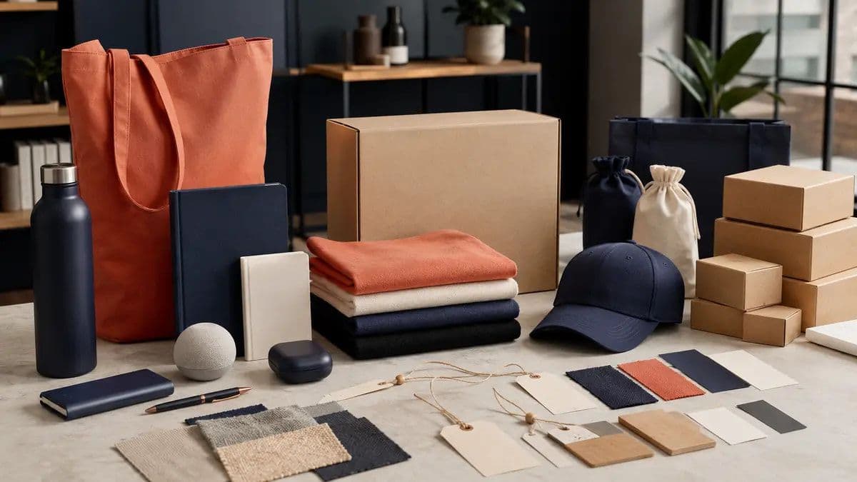 Unbranded promotional merchandise, packaging, and material samples arranged for enterprise supplier evaluation.