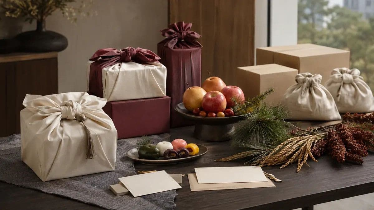 Premium Chuseok gift boxes wrapped in cream and burgundy fabric beside fruit, songpyeon, pine, and harvest grain