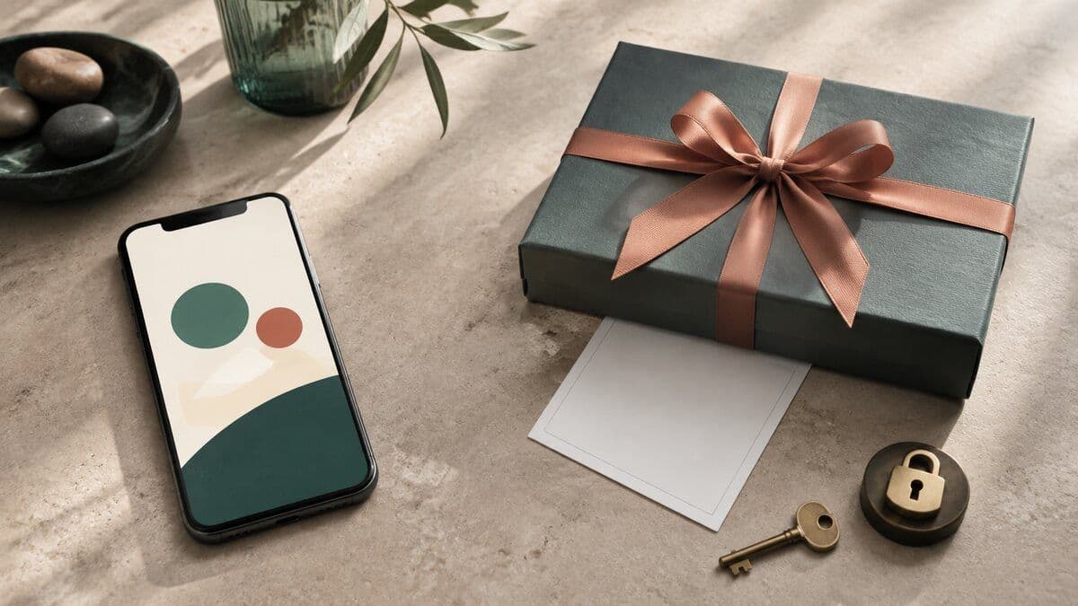Address-free corporate gifting flow represented by a phone, wrapped gift, key, and privacy lock