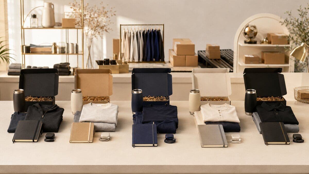 Five unbranded employee welcome-kit configurations arranged in a premium global fulfillment studio.