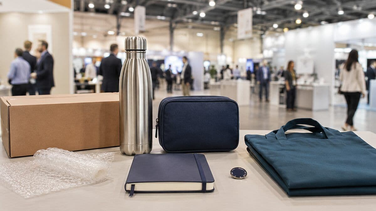 Unbranded trade show giveaways arranged beside a shipping carton in a busy international exhibition hall.