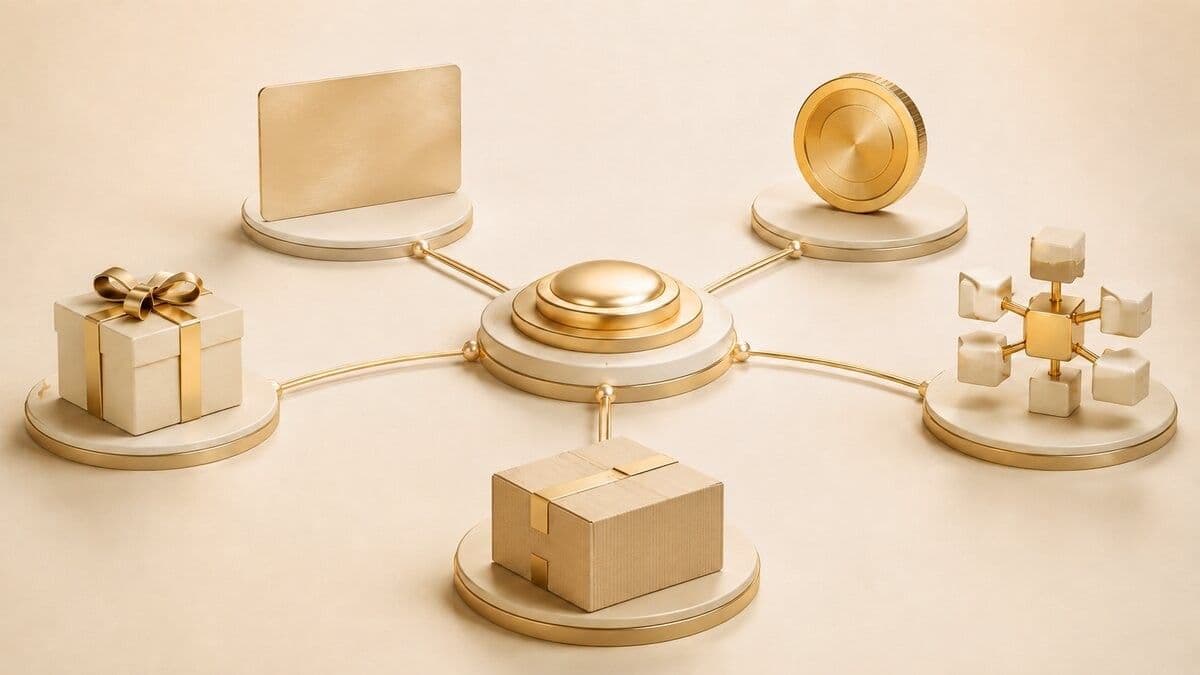 Abstract enterprise rewards platform decision hub connecting digital rewards, gifts, APIs, and fulfillment.