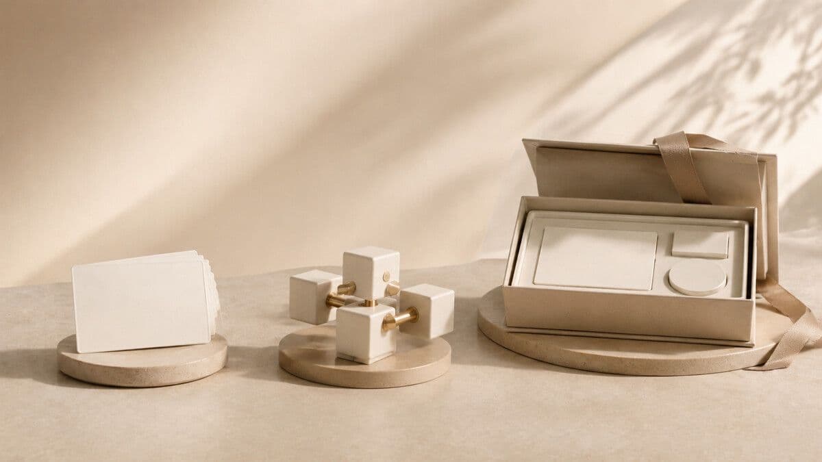 Three unbranded reward models—a stack of cards, modular API connectors, and a premium gift box—on a warm neutral studio table