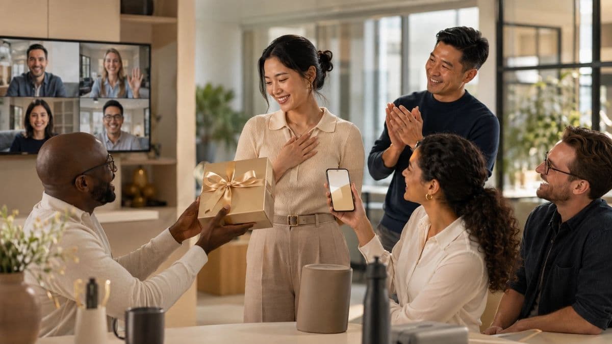 多様な世界のチームが柔軟な特典で一人の社員を称える場面