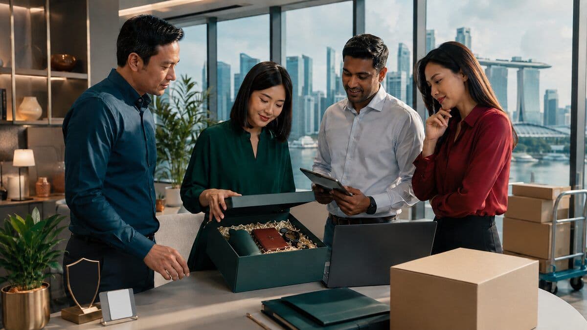 シンガポールの人事、財務、法令順守、調達責任者が統制された企業贈答の配送を確認している様子