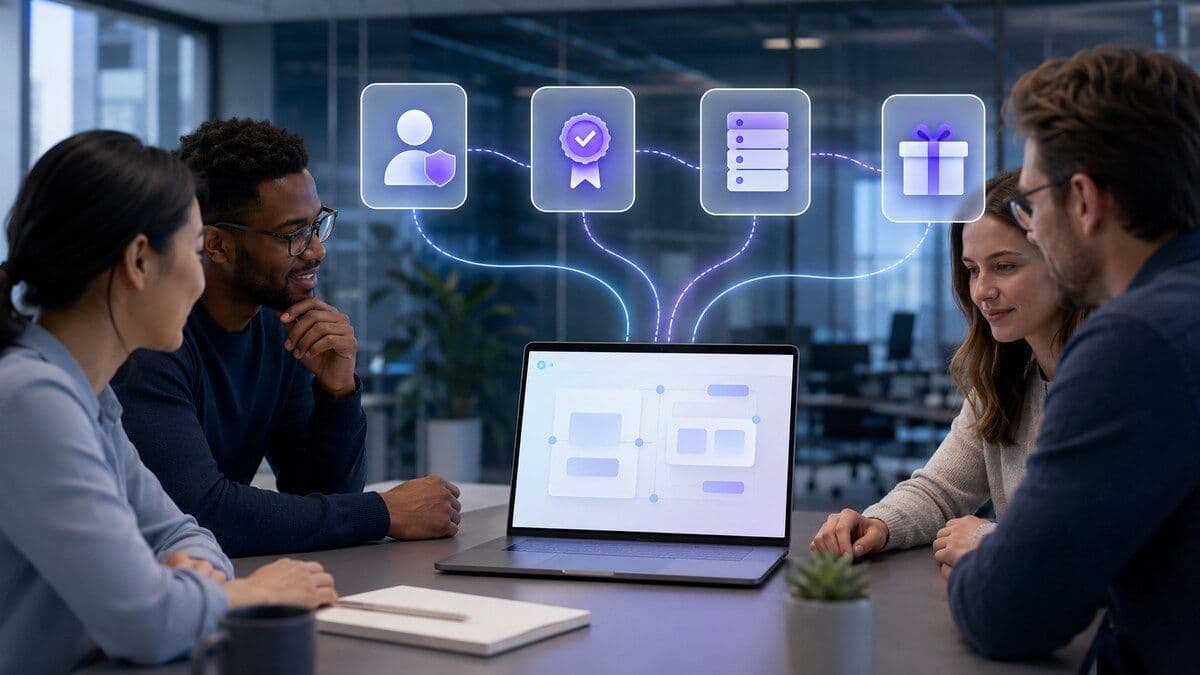 人事情報システムと Microsoft 365 の担当者が安全な従業員称賛の承認・報酬手順を確認している様子