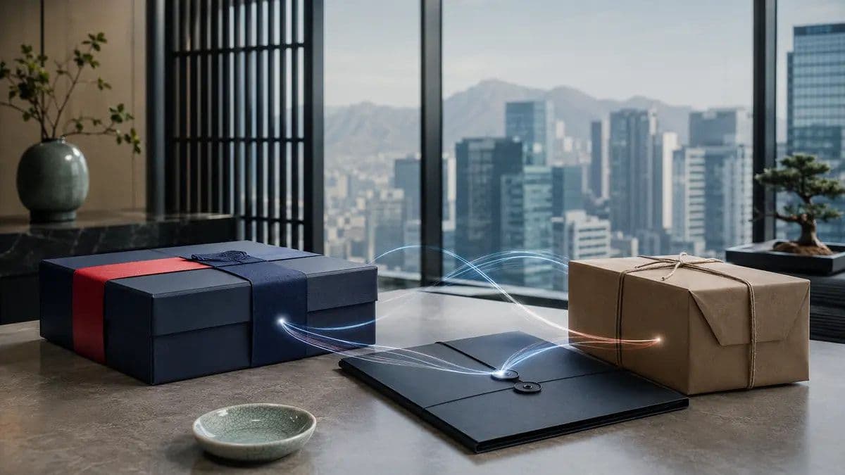 首爾現代辦公室中的安全文件夾與企業禮盒,以資料光線連結跨境包裹